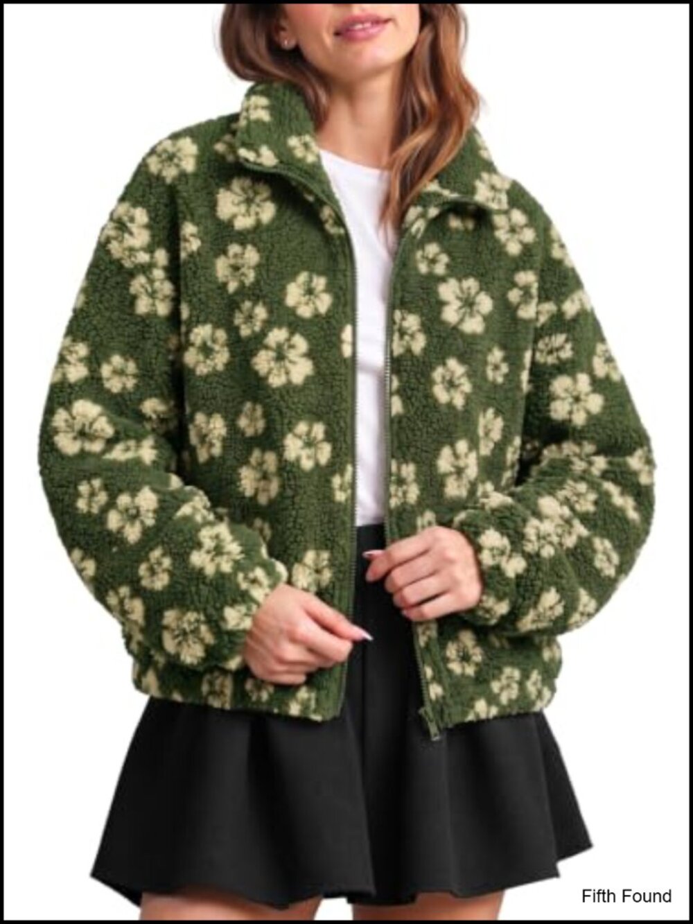 Floral Sherpa Fleece Zip Up Jacket Fuzzy Winter Coat Relaxed Fit